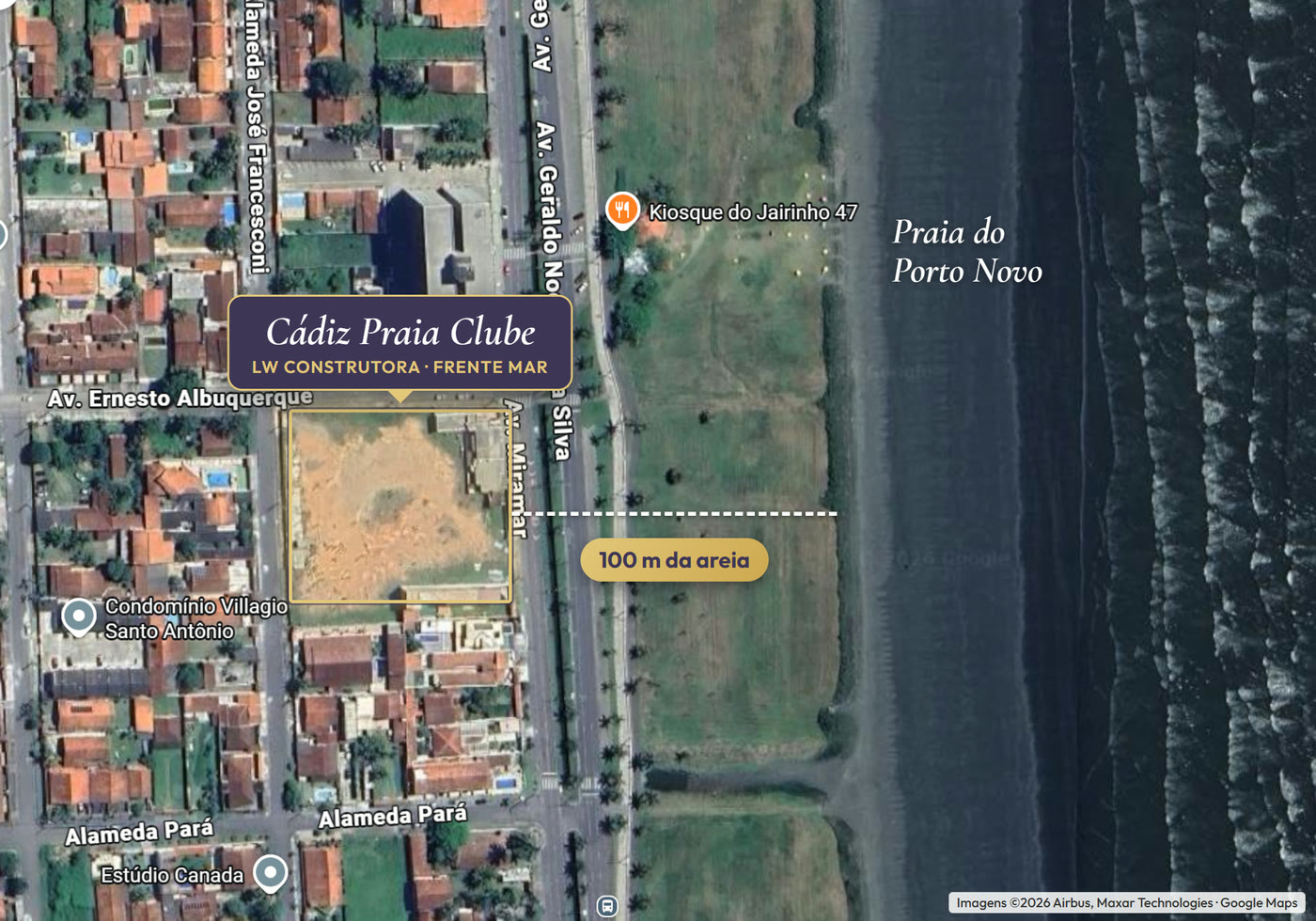 Vista de satélite com o terreno do Cádiz Praia Clube marcado na esquina da Avenida Ernesto Albuquerque com a avenida da praia, a 100 m da areia da Praia do Porto Novo, em Caraguatatuba/SP