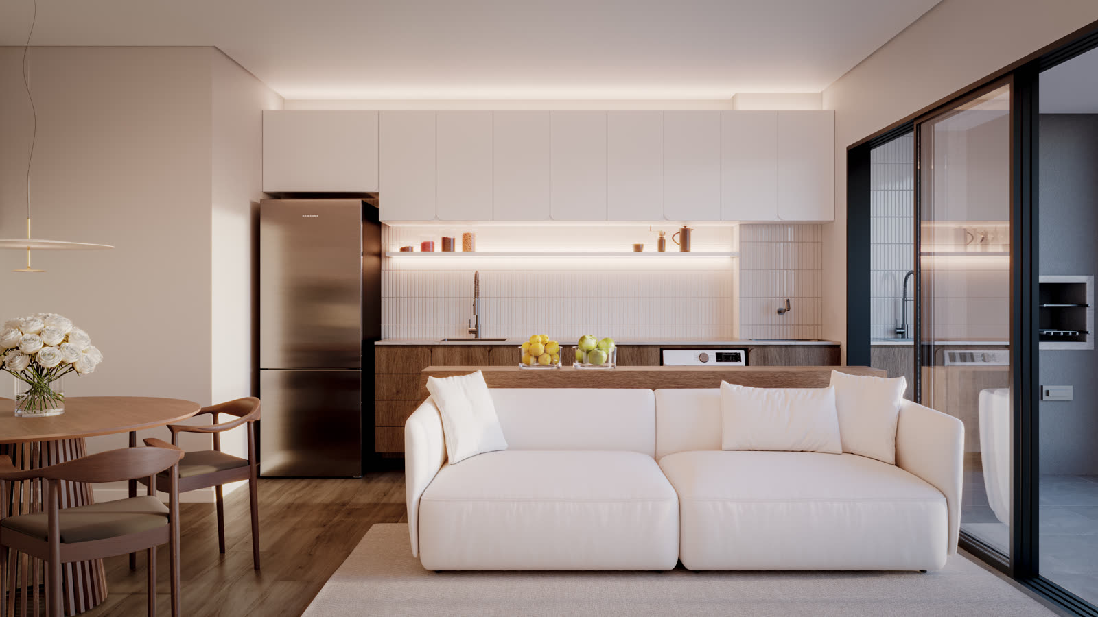 Sala e cozinha integradas em apartamento do Cádiz Praia Clube